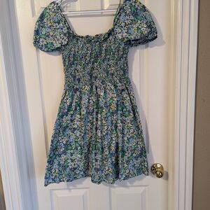 Blue and Green Smocked Sundress with Puff Sleeves